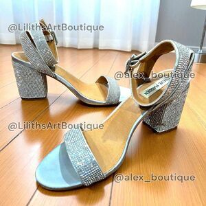 Steve Madden Malia Silver Rhinestone Strappy Chunky Block Heel Sandals(F038)